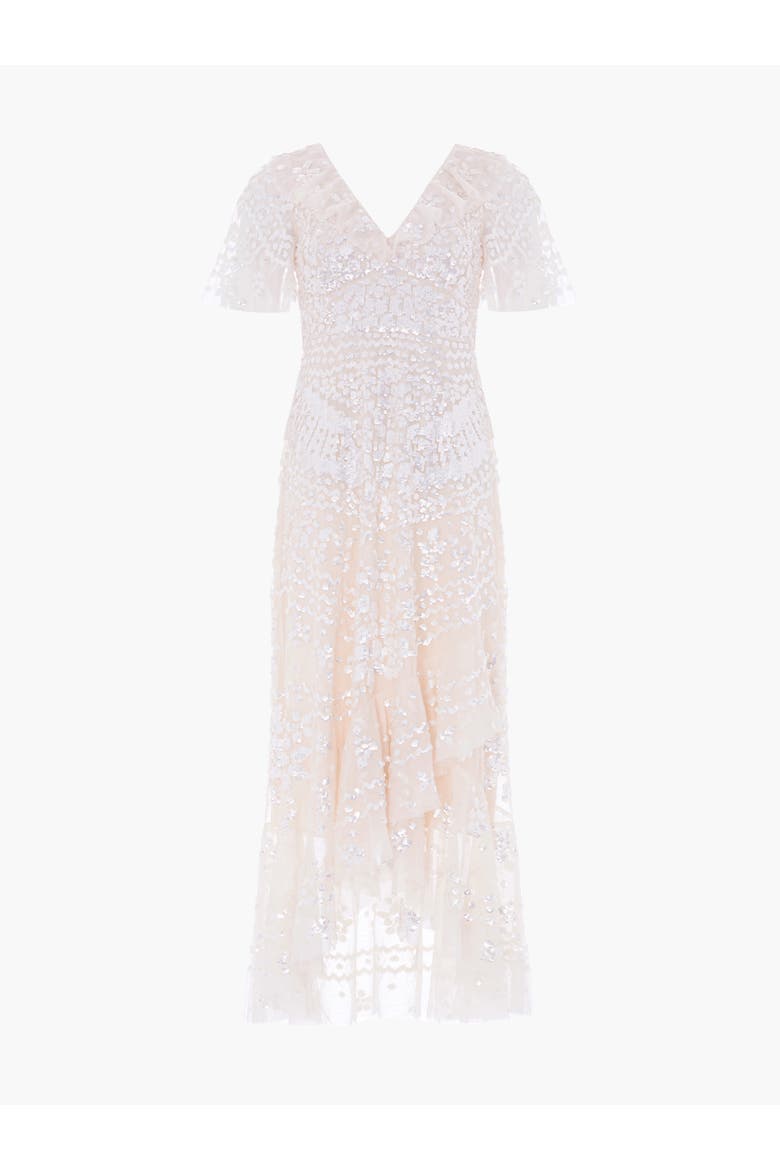 Anais Sequin Frill Ankle Gown, Alternate, color, Cream