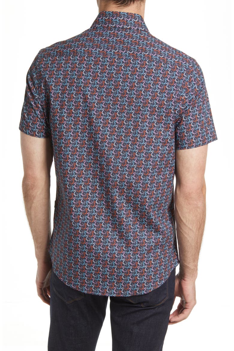 Floral Short Sleeve Stretch Button-Up Shirt, Alternate, color, NAVY