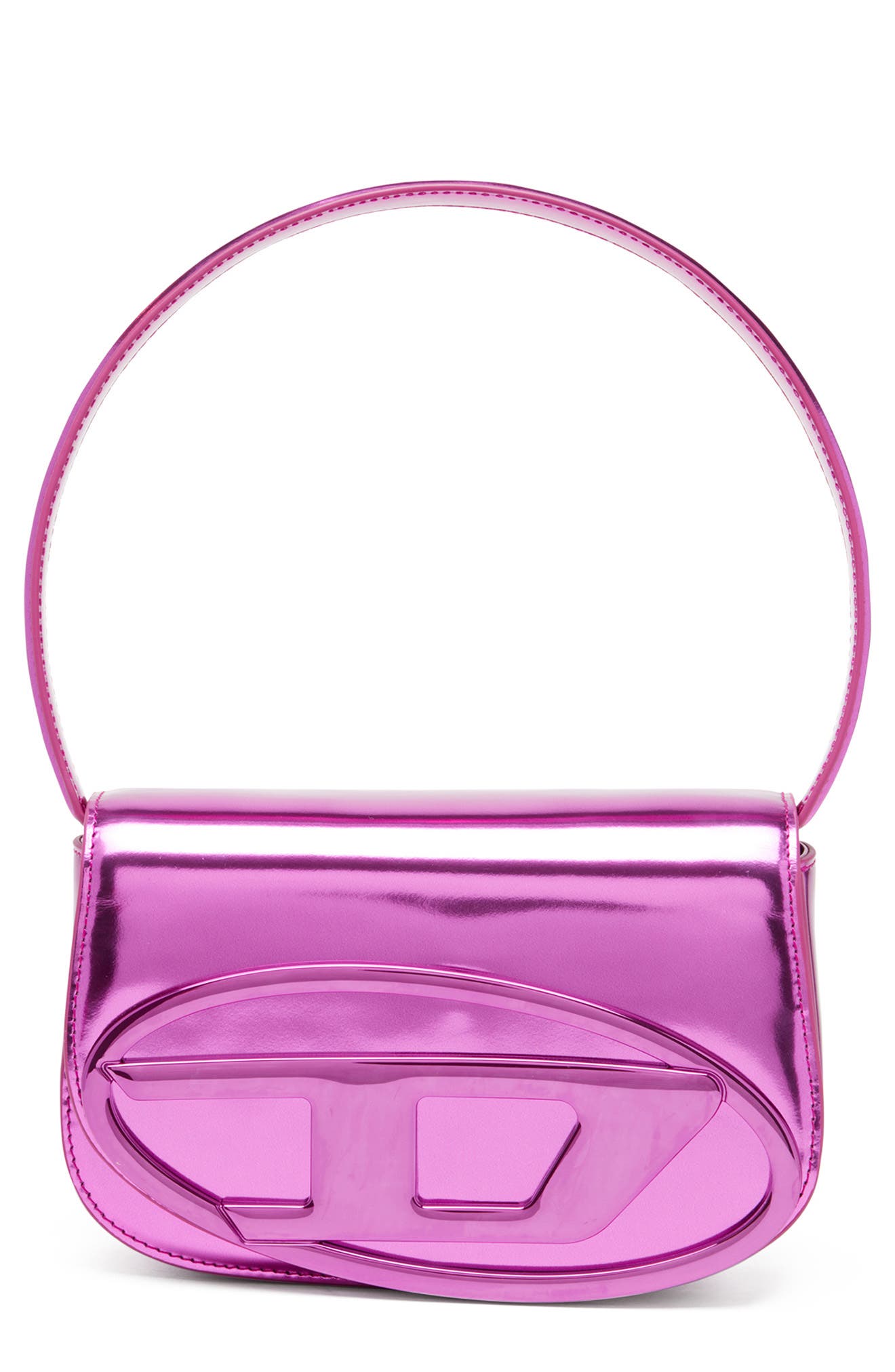 DIESEL<sup>®</sup> Oval D Buckle Metallic Leather Shoulder Bag, Main, color, Fuschia