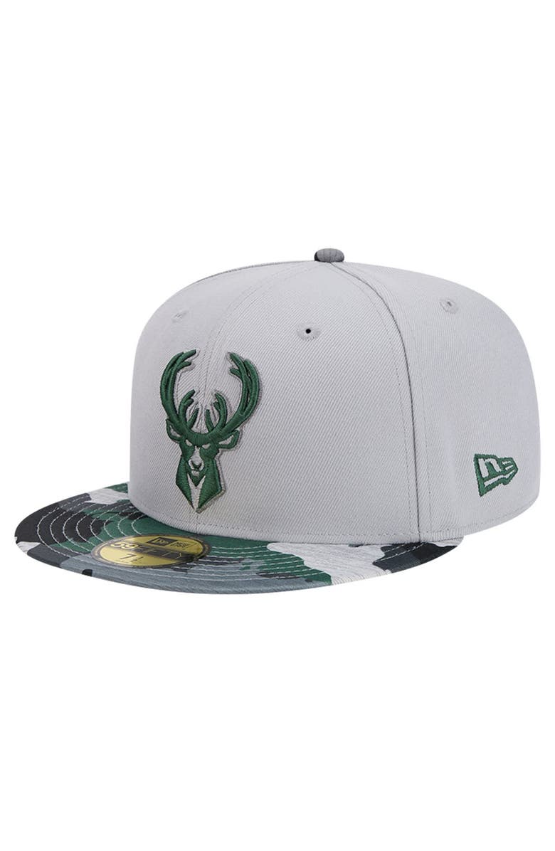 New Era Men's New Era Gray Milwaukee Bucks Active Color Camo Visor 59FIFTY Fitted Hat, Alternate, color, 