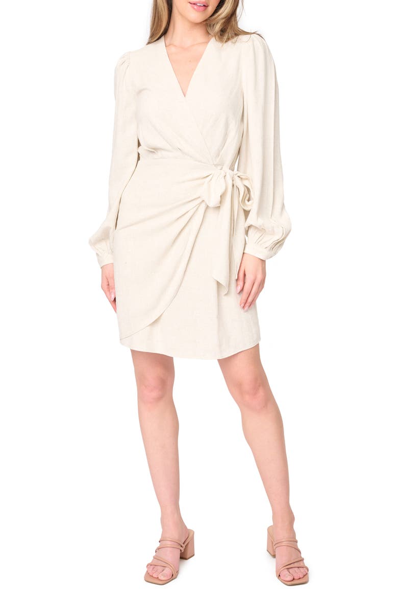 Long Sleeve Faux Wrap Dress, Main, color, OATMEAL