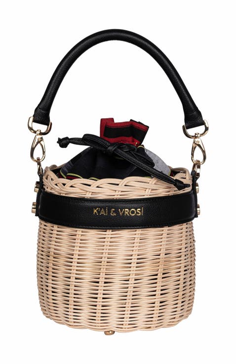 Leather & Straw Bucket Bag with Drawstring