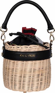 K'ai & Vrosi Leather & Straw Bucket Bag with Drawstring