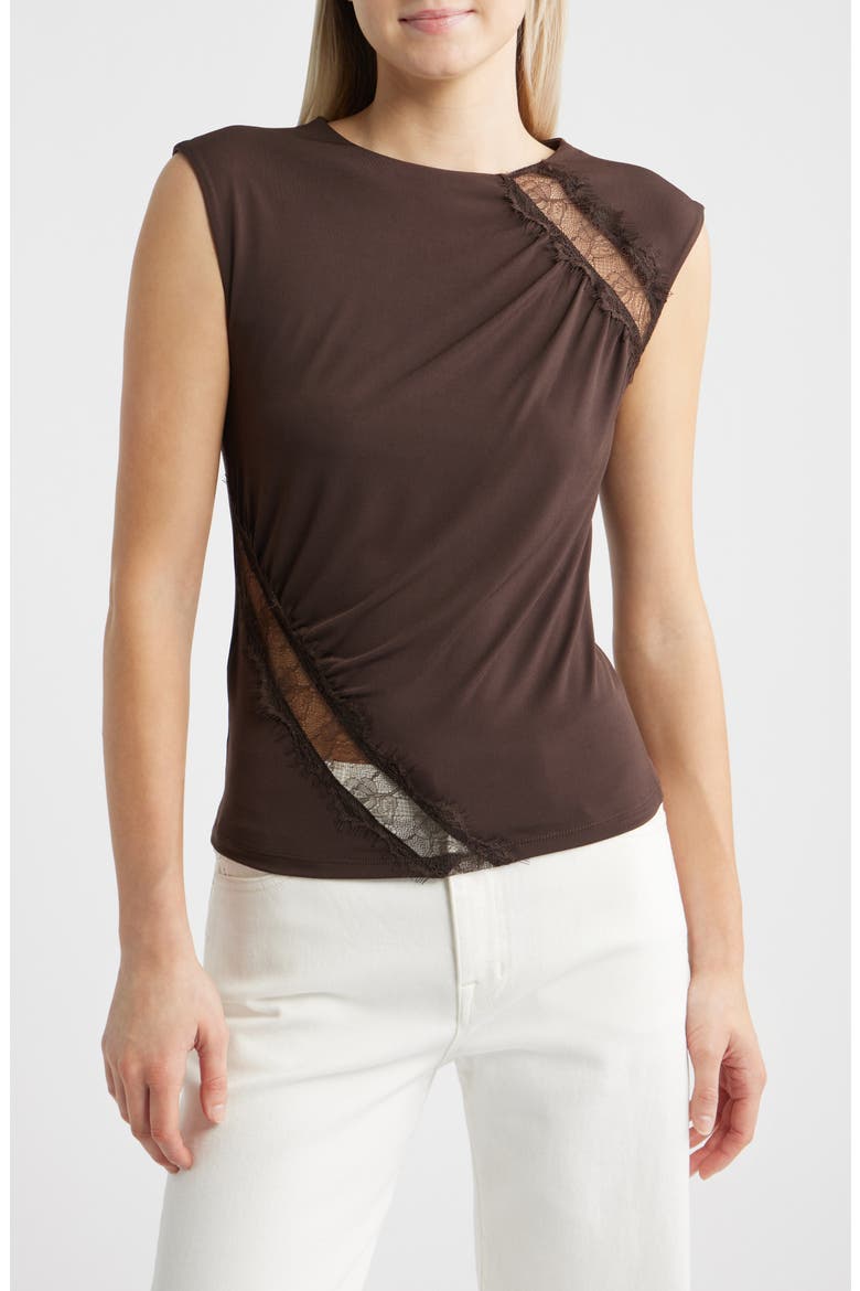 Cindy Lace Panel Ruched Top, Main, color, BROWN
