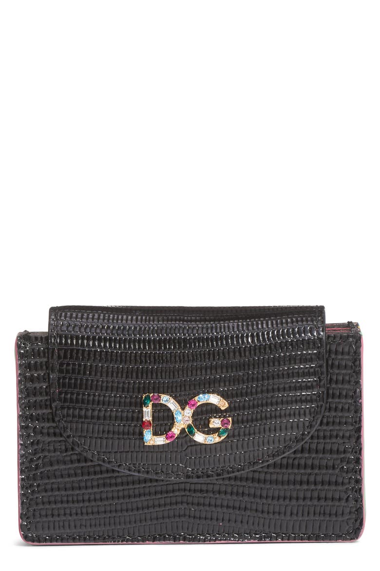 Crystal Logo Embossed Leather Wallet, Main, color, NERO/ FUXIA