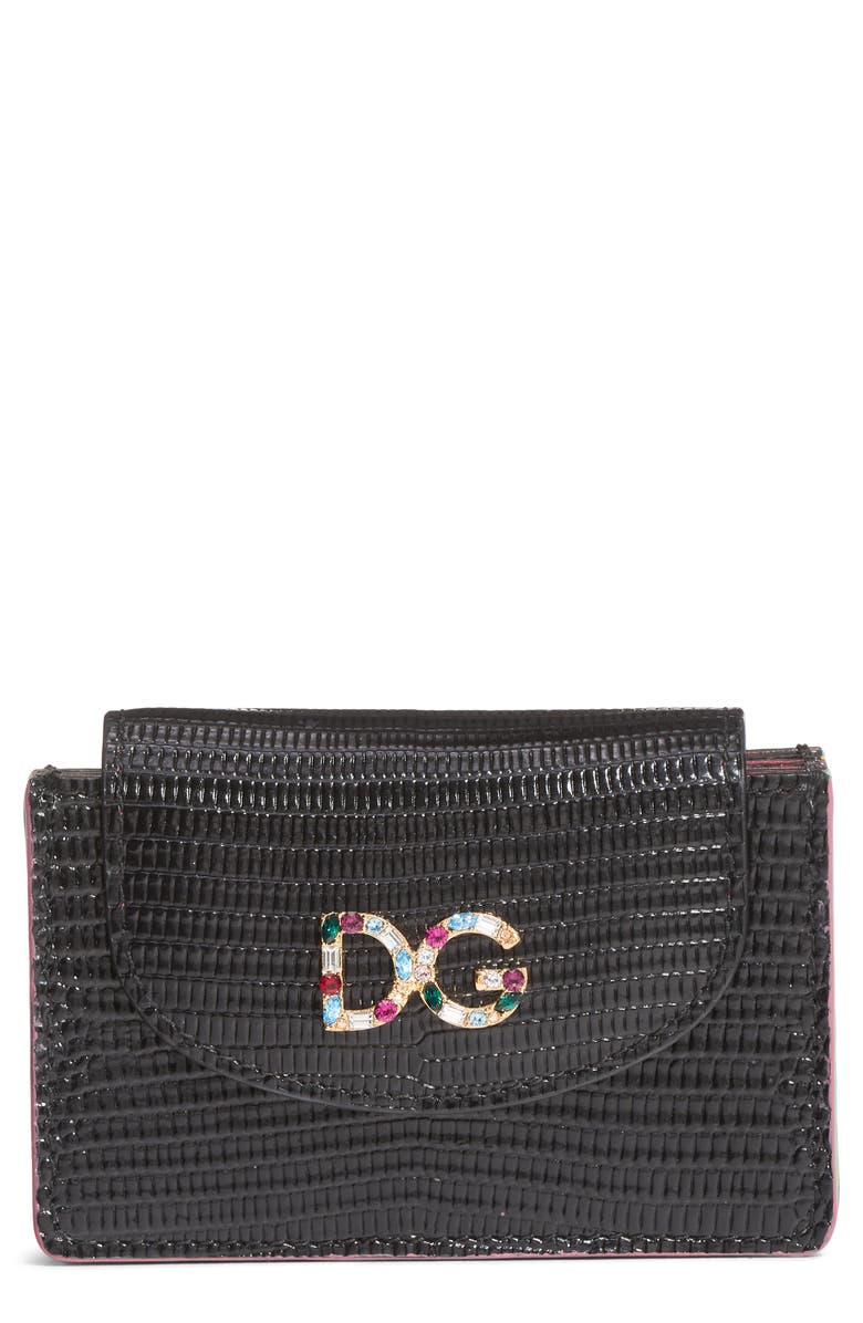 Dolce&Gabbana Crystal Logo Embossed Leather Wallet, Main, color, 