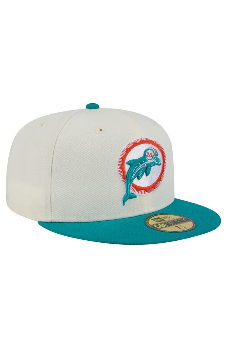 New Era Men's New Era  White/Aqua Miami Dolphins Throwback Main 59FIFTY Fitted Hat, Alternate, color, 