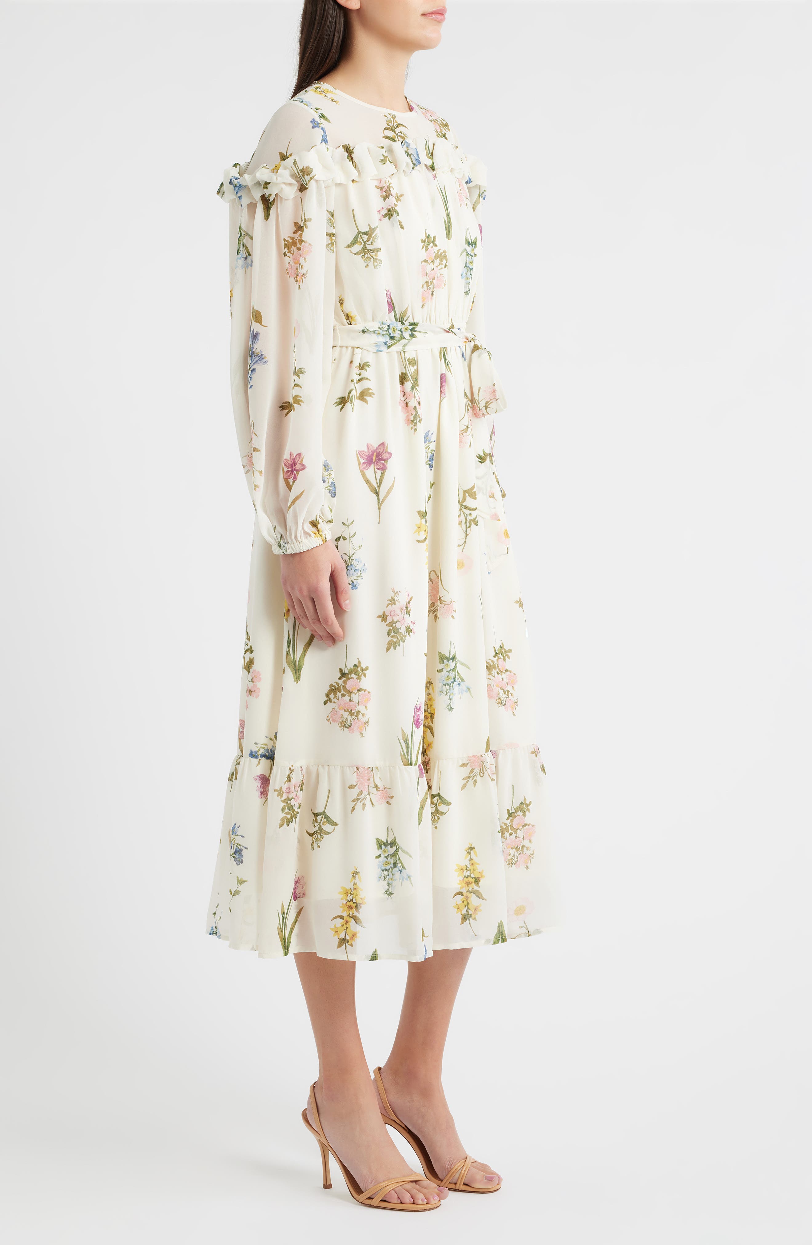 long sleeve dress with belt ZOE AND CLAIRE Women's Printed Ruffle Long Sleeve Tie Belt Chiffon Midi Dress - Natural