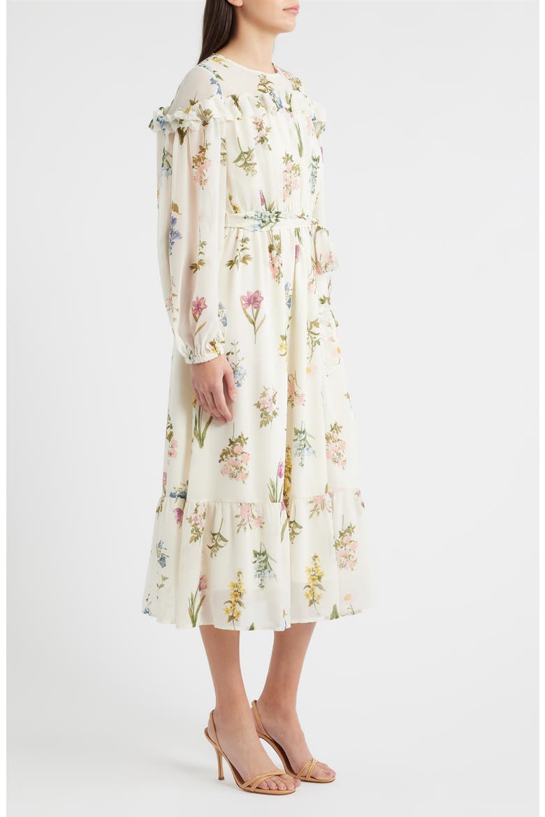 Printed Ruffle Long Sleeve Tie Belt Chiffon Midi Dress, Alternate, color, CREAM MULTI