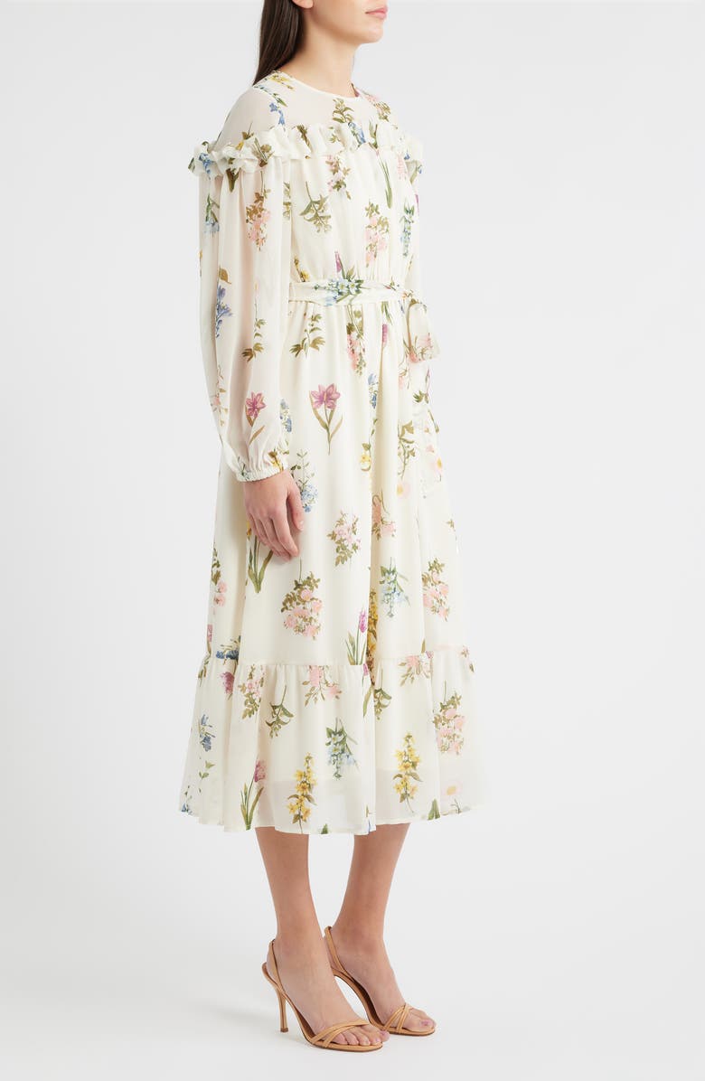 ZOE AND CLAIRE Printed Ruffle Long Sleeve Tie Belt Chiffon Midi Dress, Alternate, color, Cream Multi