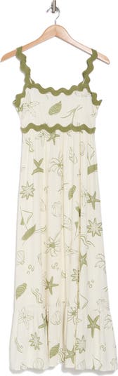 Ocean Print Empire Waist Midi Dress