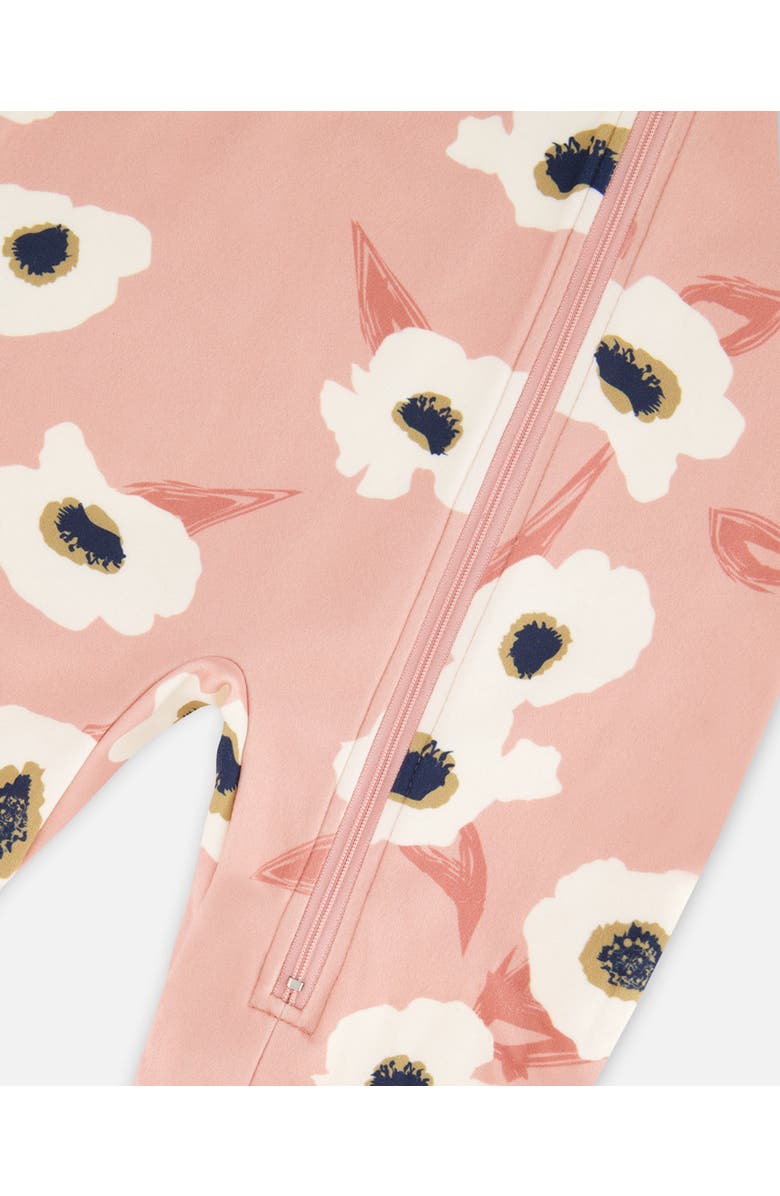 Deux par Deux Little Girl's One Piece Thermal Underwear Pink Printed Off White Flowers, Alternate, color, 