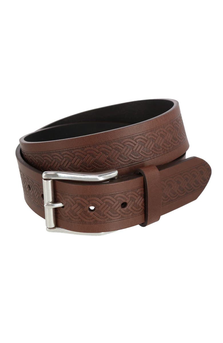 Trafalgar Grady 40mm Celtic Scroll Embossed Leather Jean Belt, Main, color, Brown