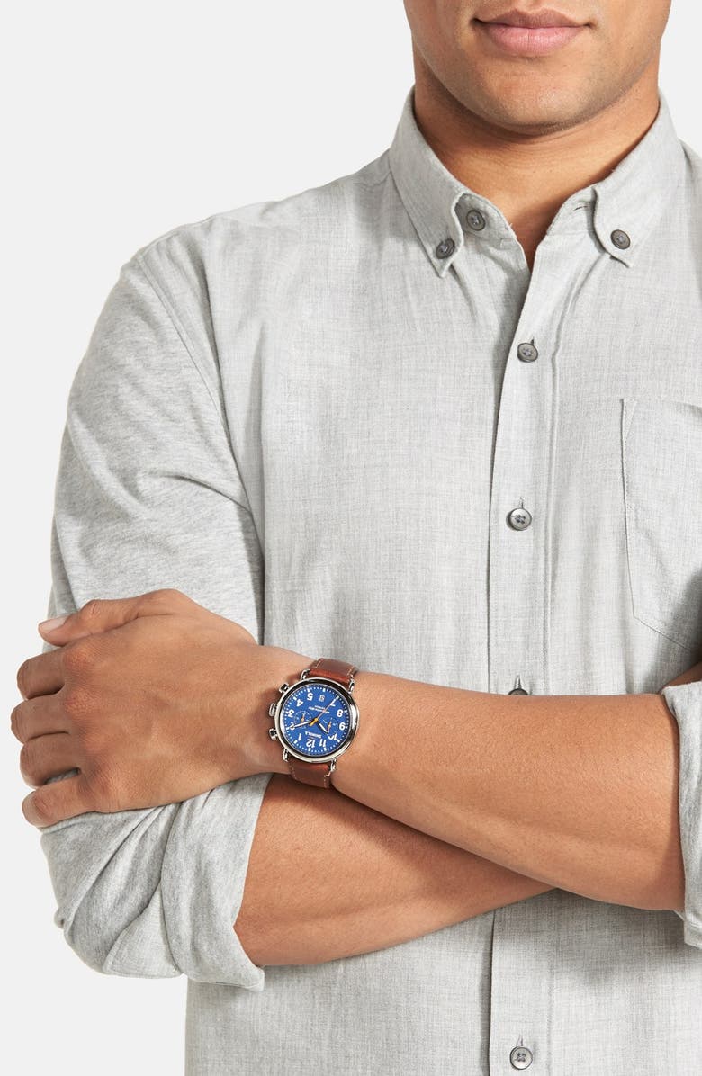 Shinola 'The Runwell Chrono' Leather Strap Watch, 41mm, Alternate, color, Dark Brown/ Blue/ Silver