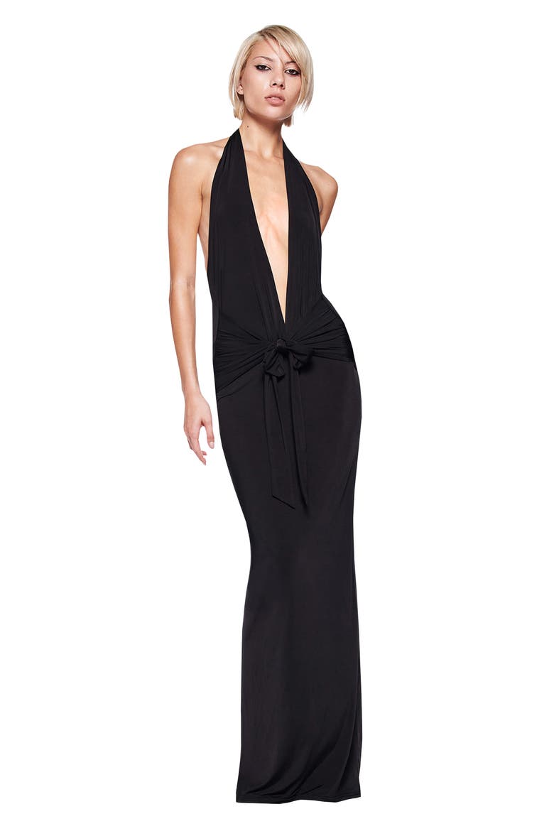 Ziva Plunge Halter Maxi Cocktail Dress, Alternate, color, BLACK