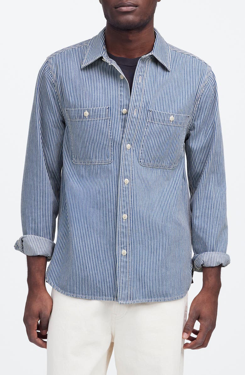 Madewell Indigo Dyed Denim Button-Up Shirt in Engineer Stripe, Main, color, Kerrville Wash