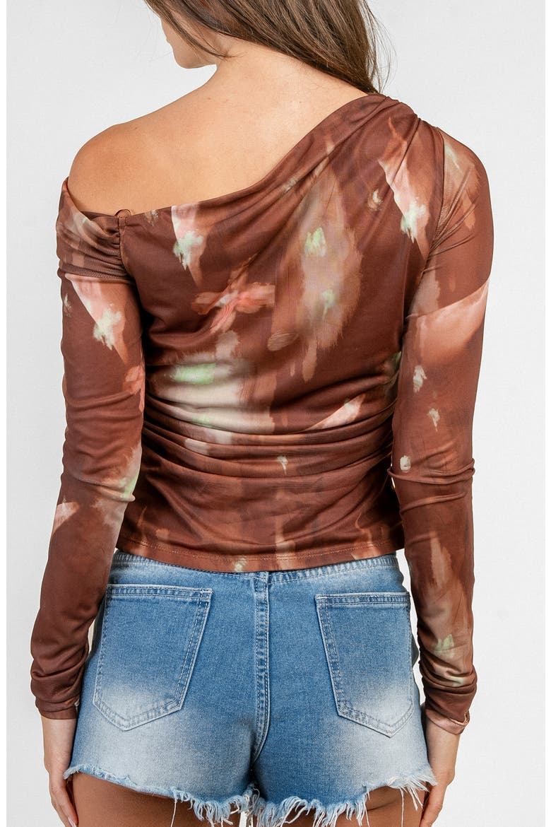 Asymmetric Off the Shoulder Mesh Top, Alternate, color, RUST