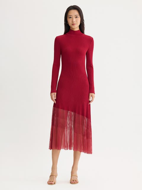 A-Line Sheer Hem Ribbed Knit Maxi Dress