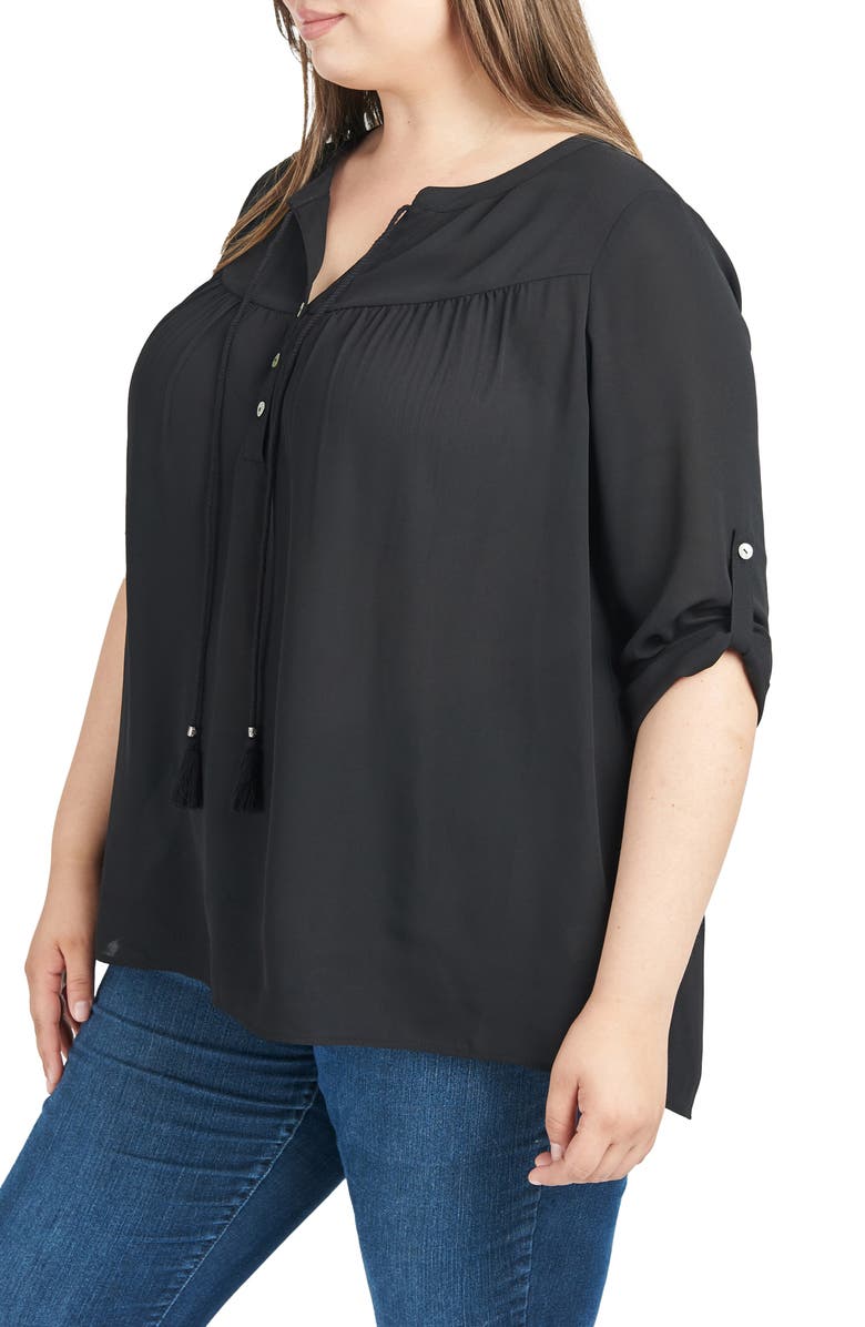 DR2 by Daniel Rainn Rolled Sleeve Tassel Neck Blouse, Alternate, color,