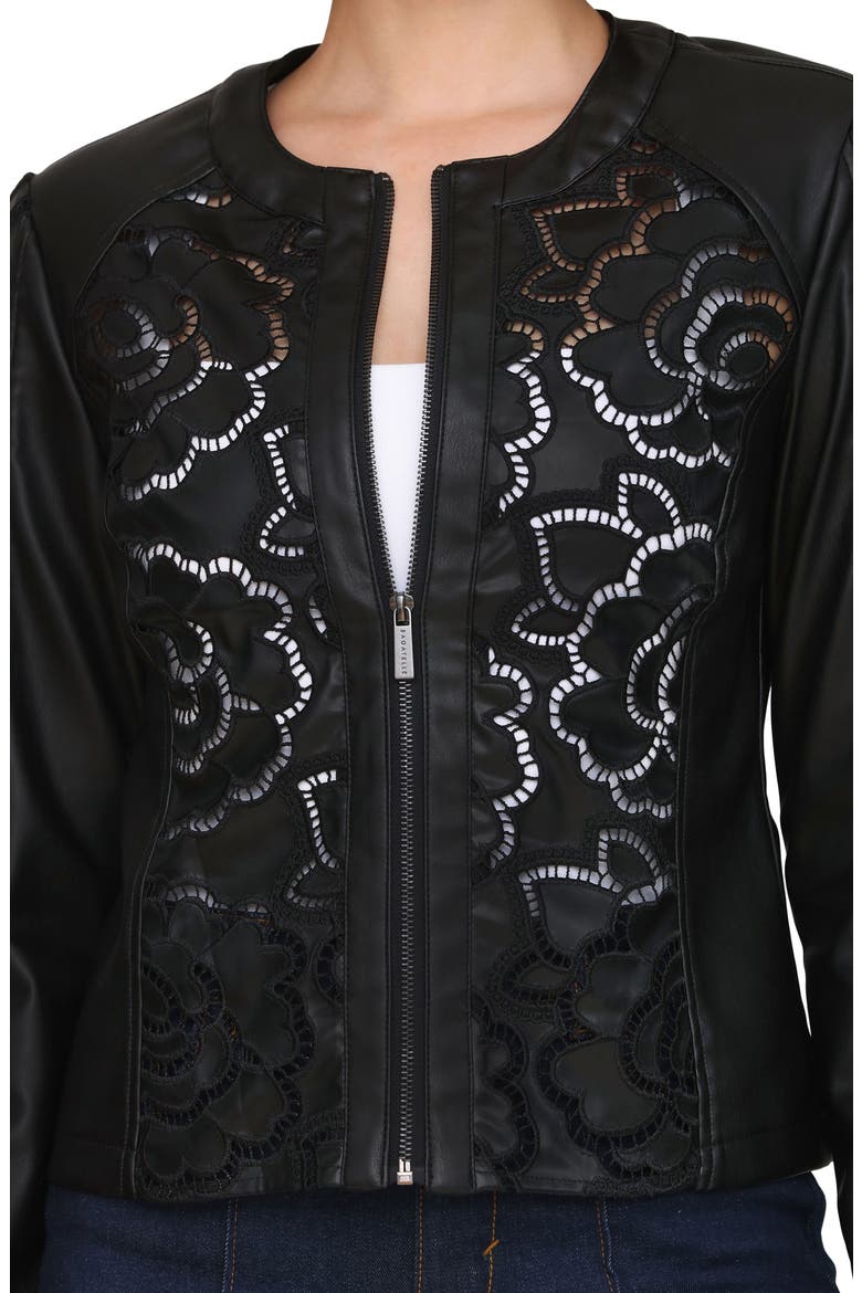 Floral Ladder Cutout Faux Leather Jacket, Alternate, color, BLACK