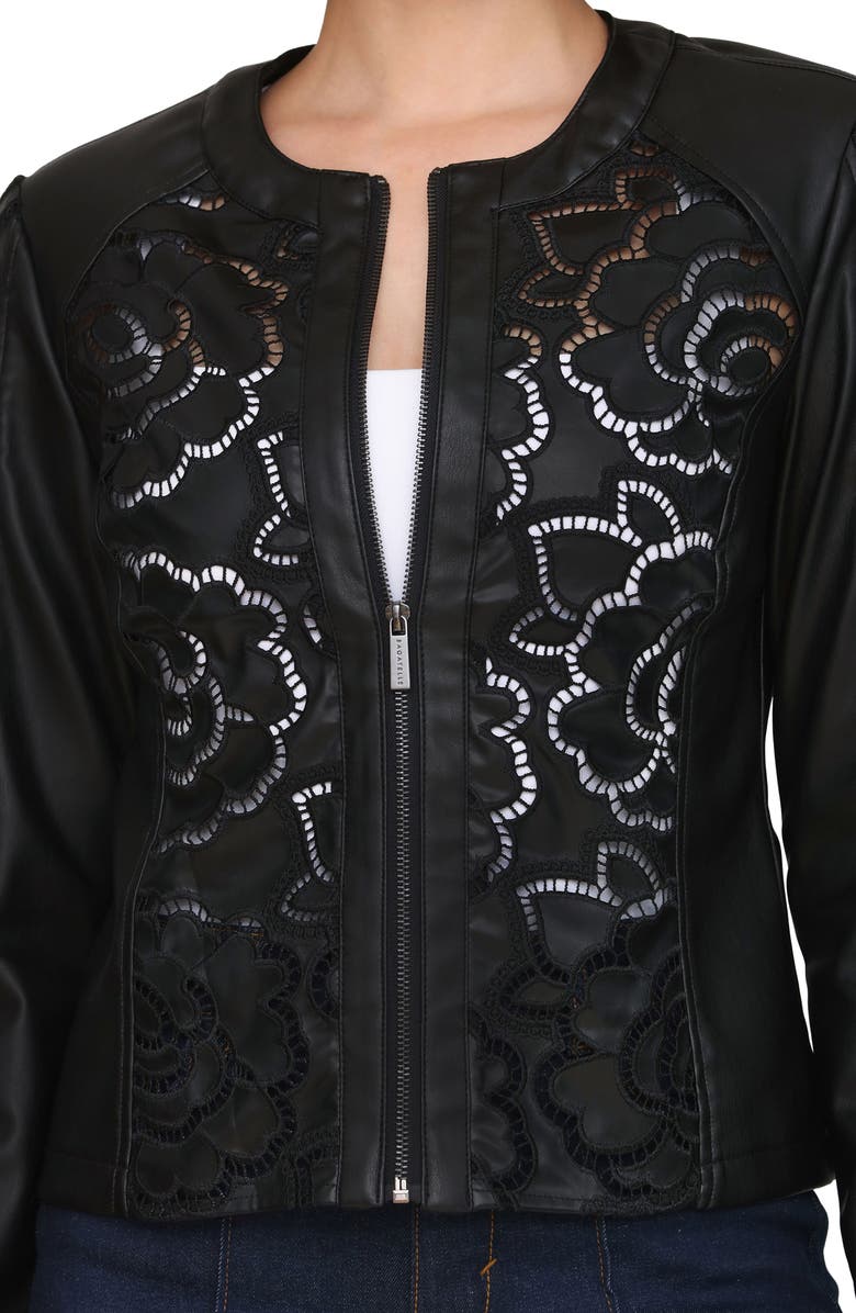 Bagatelle Floral Ladder Cutout Faux Leather Jacket, Alternate, color, Black
