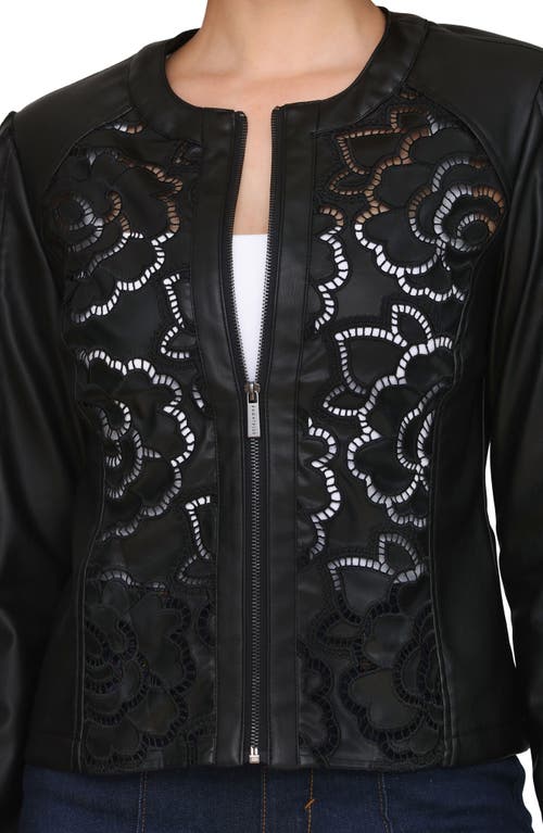 Bagatelle Floral Ladder Cutout Faux Leather Jacket In Black