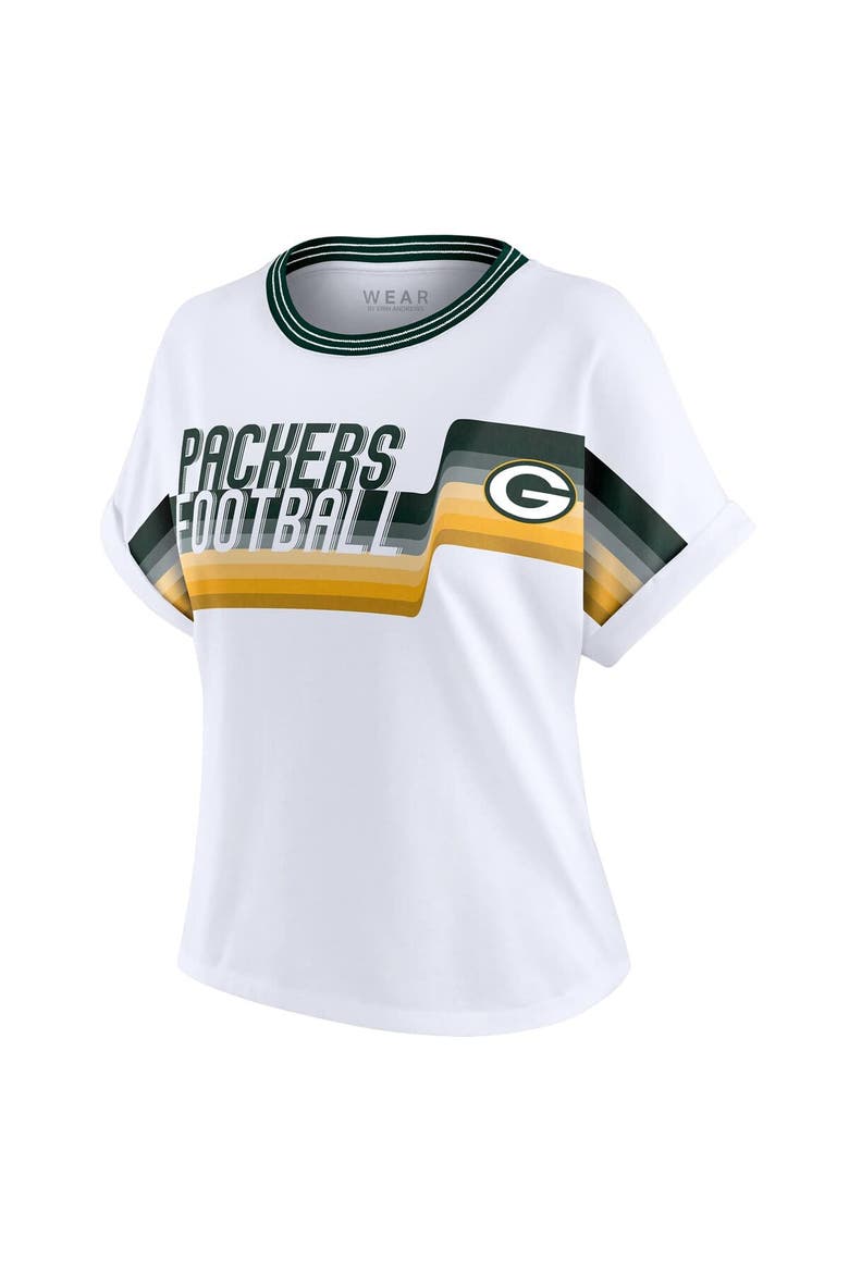 Women's WEAR by Erin Andrews White Green Bay Packers Cropped Center Stripe Dolman T-Shirt, Alternate, color, White