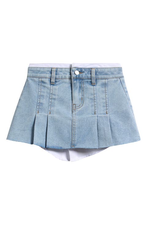 Kids' Pleated Poplin Trim Denim Skort (Big Kid)
