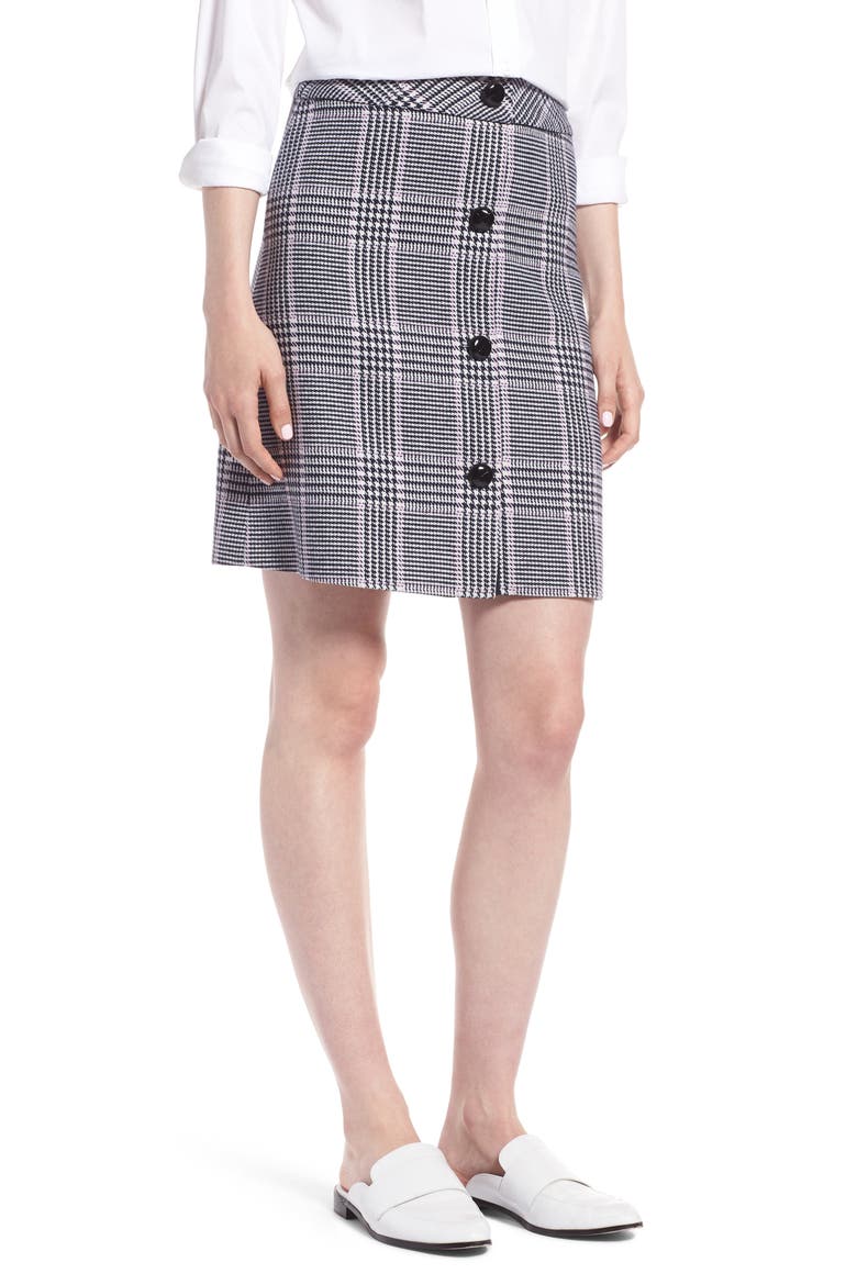 Button Front Plaid Skirt, Main, color, NAVY NIGHT HOUNDSTOOTH