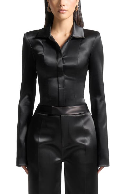 Louise Wide Shoulder Satin Shirt Bodysuit