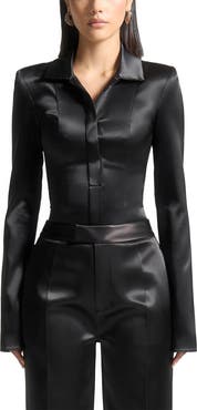 Manière De Voir Louise Wide Shoulder Satin Shirt Bodysuit