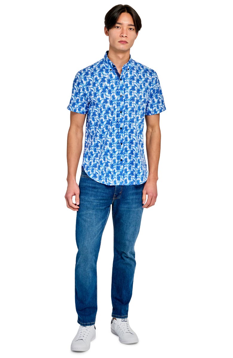 CONSTRUCT Palm Tree Short Sleeve Woven Button Down Shirt, Alternate, color, Navy
