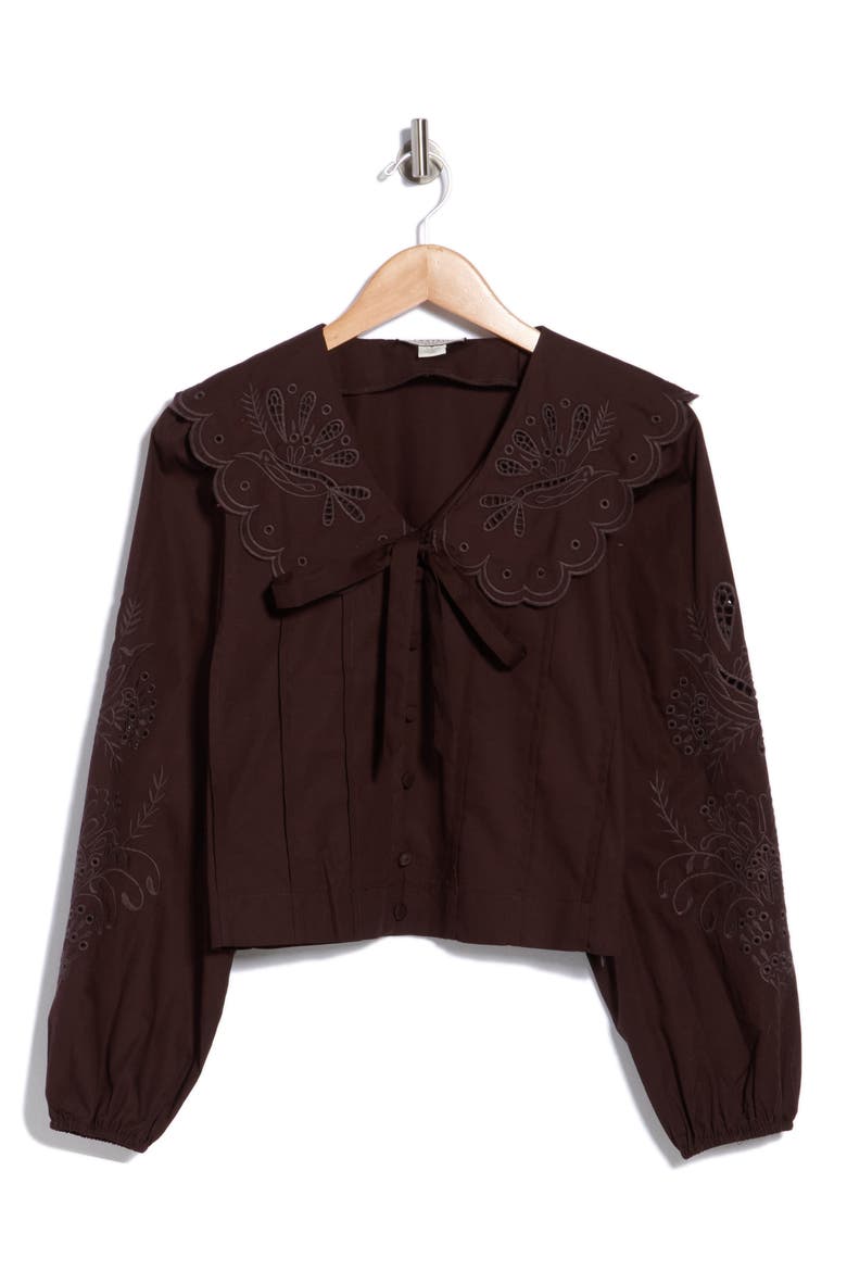 Scalloped Oversized Collar Embroidered Cotton Button-Up Shirt, Main, color, BROWN