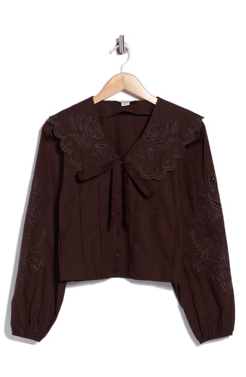 Scalloped Oversized Collar Embroidered Cotton Button-Up Shirt