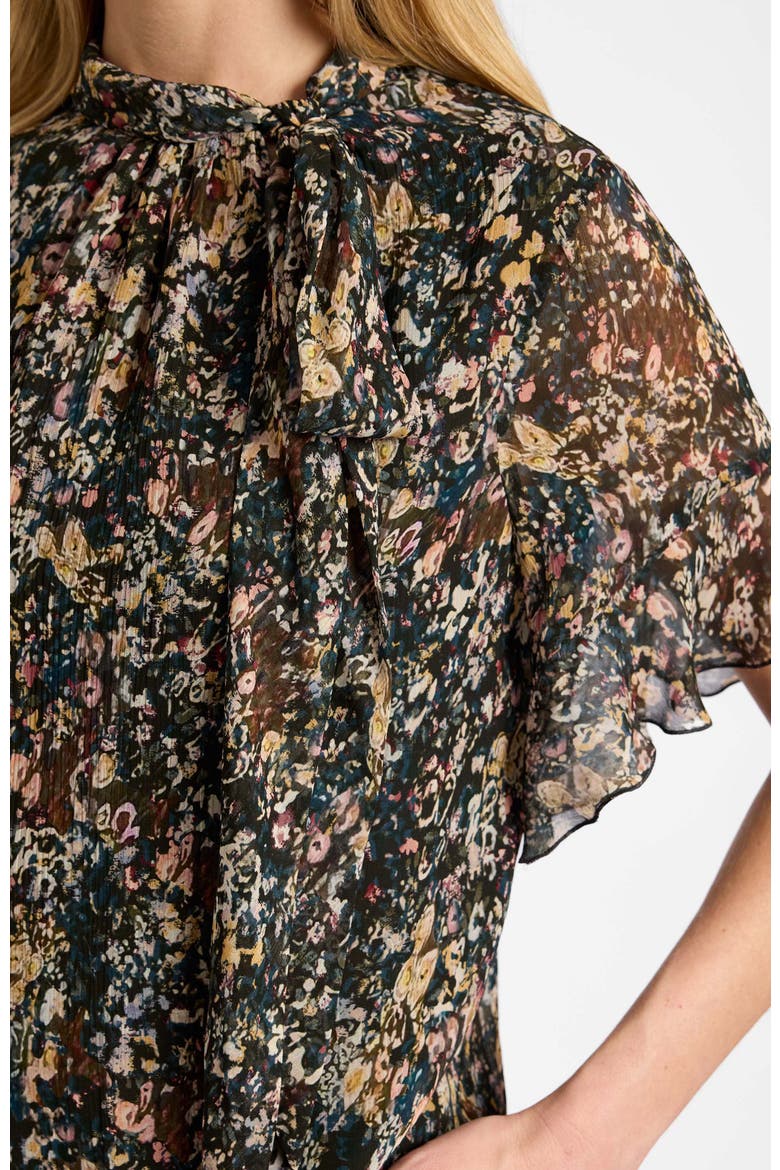 Athena Blouse with Short Flutter-Sleeves in Abstract Floral Print, Alternate, color, Evergreen Multi