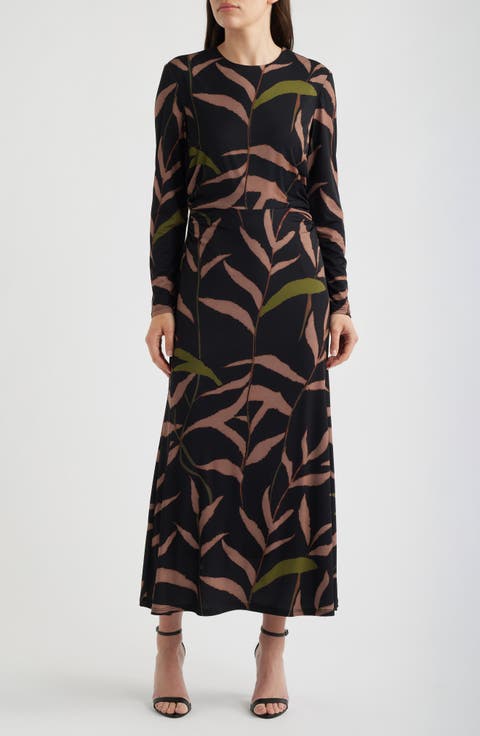 Abstract Print Long Sleeve Midi Dress