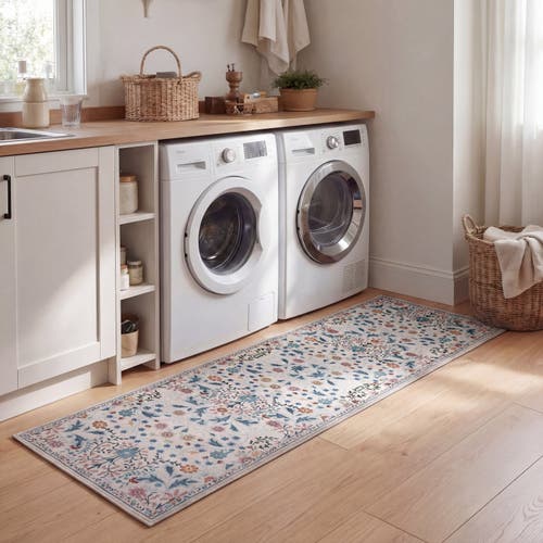 Jonathan Y Primrose Art Nouveau Floral Border Non-slip Machine-washable Area Rug In Cream/turquoise