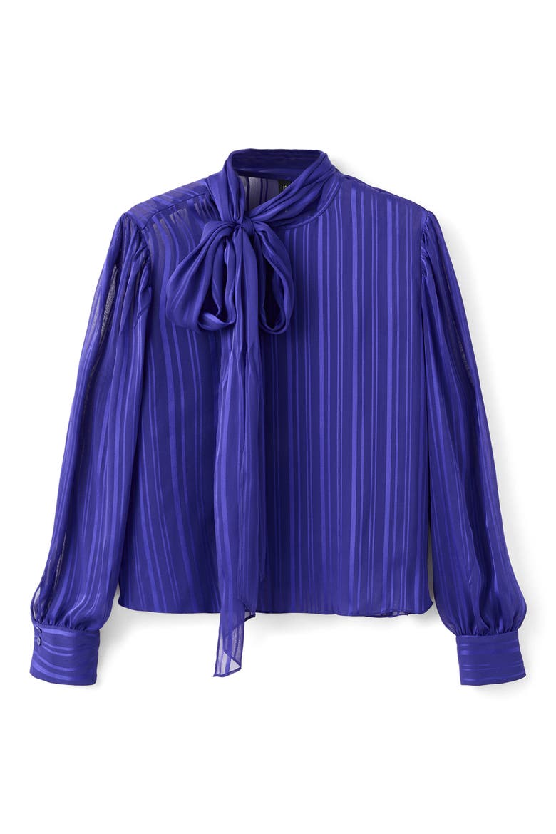 Striped Satin Tie Neck Button Front Top, Alternate, color, BLUE