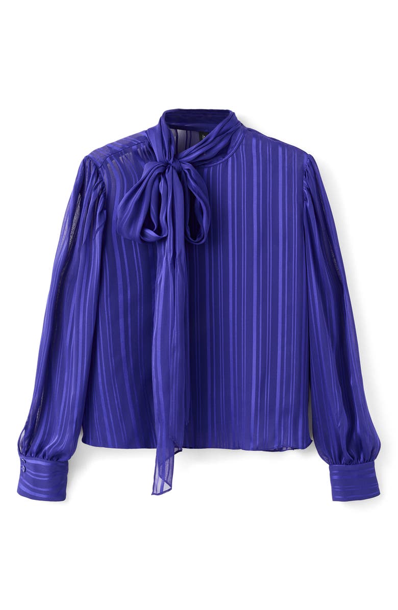 MANGO Striped Satin Tie Neck Button Front Top, Alternate, color, Blue