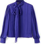 MANGO Striped Satin Tie Neck Button Front Top