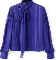 MANGO Striped Satin Tie Neck Button Front Top