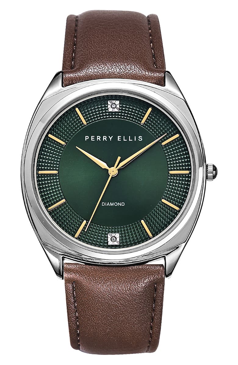 Perry Ellis Diamond Ultra Thin Faux Leather Strap Watch, 42mm, Main, color, Silver/Green