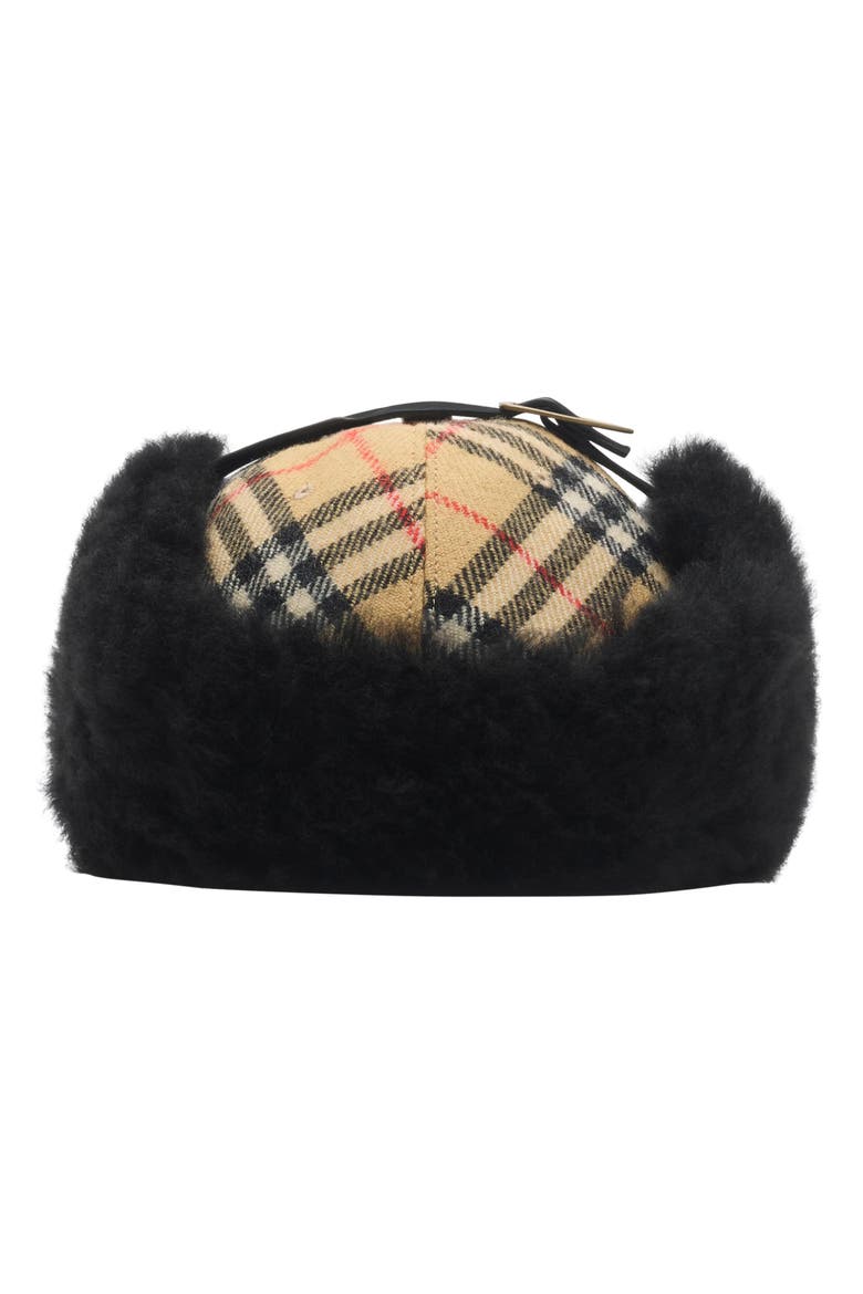 Check Wool Flannel & Genuine Shearling Trapper Cap, Alternate, color, SAND IP CHECK