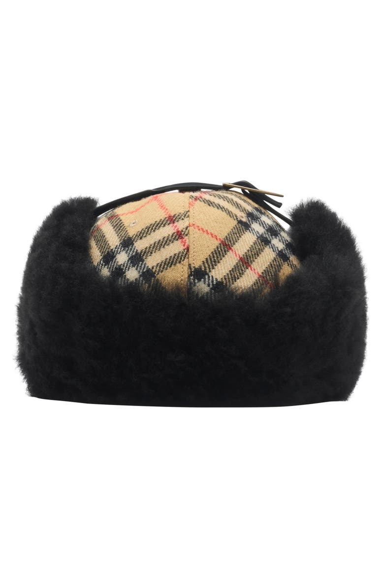 Burberry Check Wool Flannel & Genuine Shearling Trapper Cap, Alternate, color, Sand Ip Check