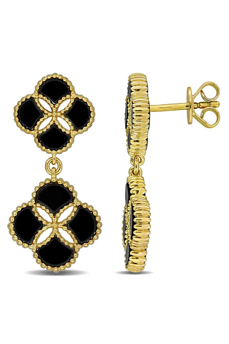 Black Agate Quatrefoil Drop Earrings Plated-Silver, Main, color, Black Agate