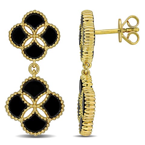 Black Agate Quatrefoil Drop Earrings Plated-Silver