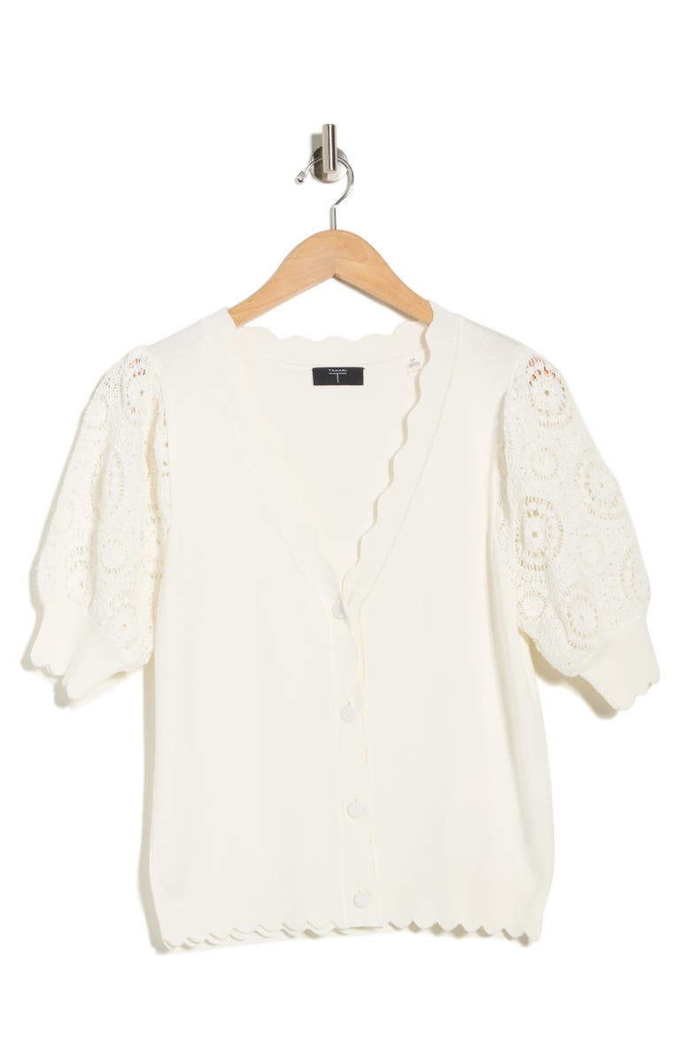 T Tahari Crochet Sleeve Cardigan, Alternate, color, White Star