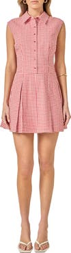 English Factory Check Pleated Sleeveless Mini Shirtdress