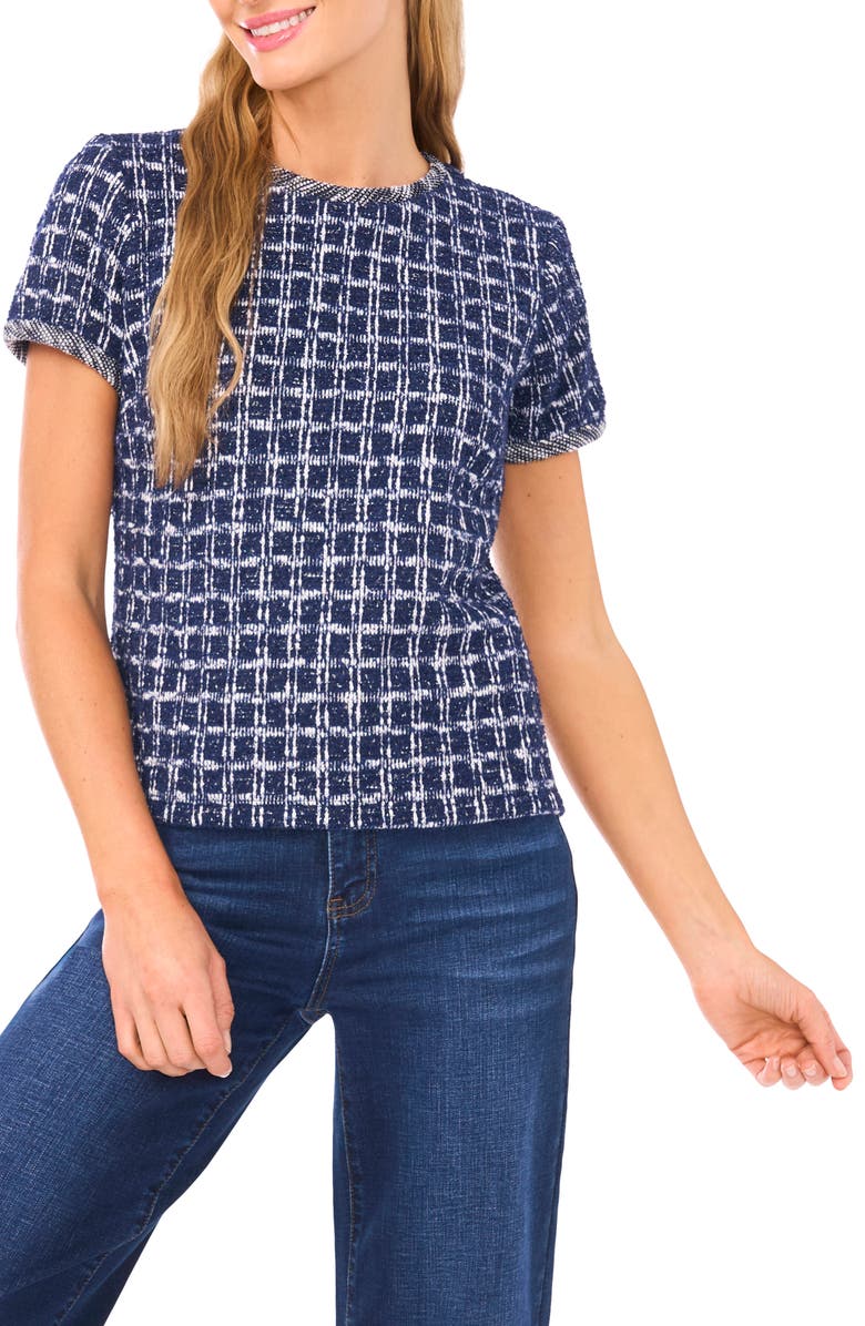 CeCe Metallic Tweed Top, Main, color, Classic Navy