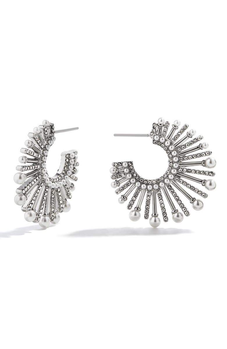 BaubleBar Jordan Sunburst Crystal & Faux Pearl Hoop Earrings, Main, color, Silver